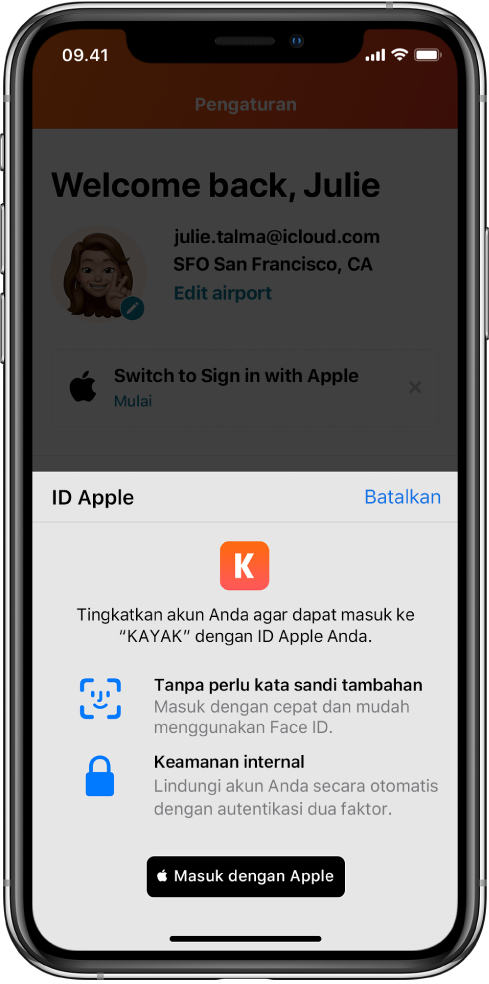 App yang menampilkan tombol Masuk dengan Apple.