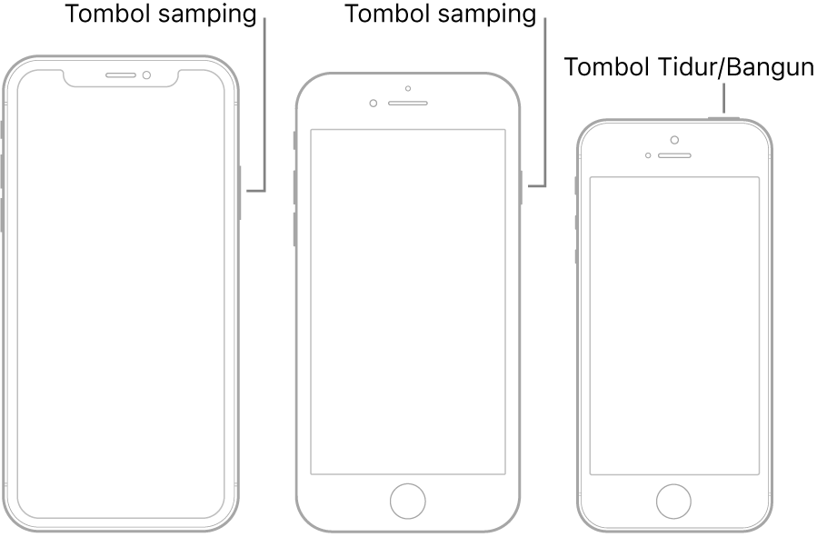 Tombol samping atau tombol Tidur/Bangun di tiga model iPhone yang berbeda.
