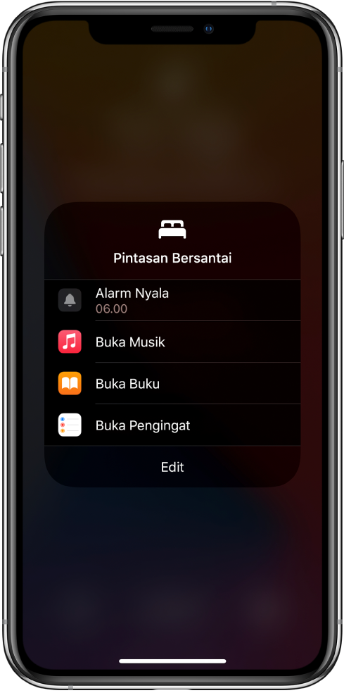 Layar Pintasan Bersantai dengan pintasan untuk membuka Musik, Buku, dan Pengingat.