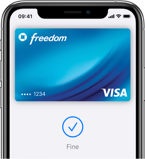 Una carta di credito sulla schermata di Wallet. Sotto la carta sono presenti un segno di spunta e la parola “Fine”.