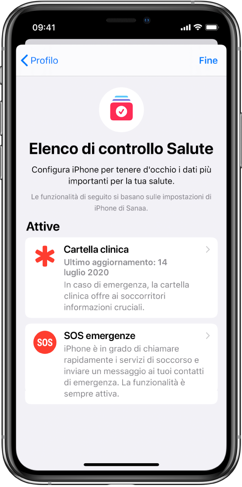 La schermata di “Elenco di controllo Salute” che mostra che “Cartella clinica” e “SOS emergenze” sono attivi.