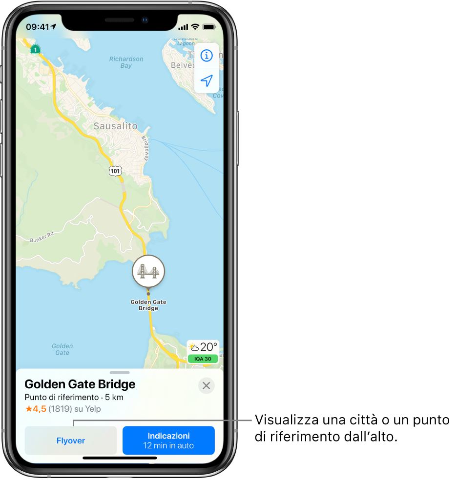 Una mappa di San Francisco. Sulla parte inferiore dello schermo, una scheda informativa del Golden Gate mostra un pulsante Flyover sulla sinistra del pulsante Indicazioni.