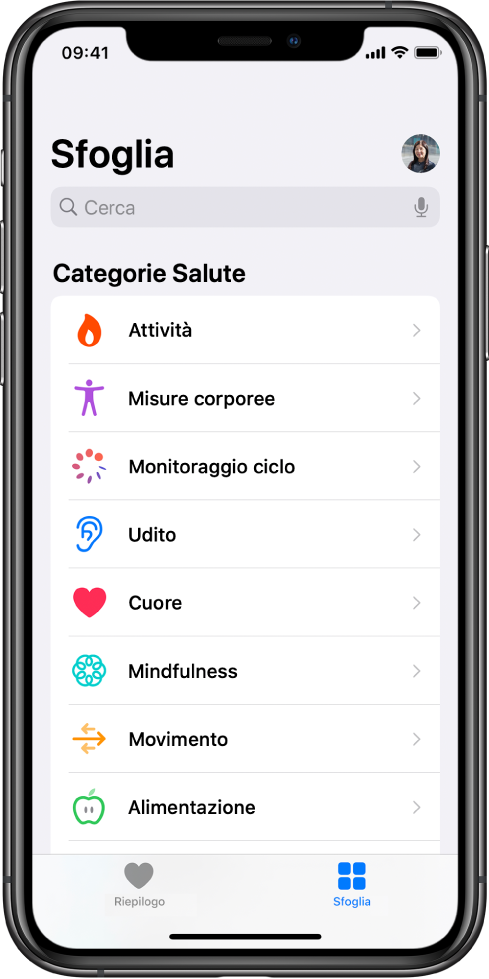 La schermata “Categorie Salute” nell'app Salute.