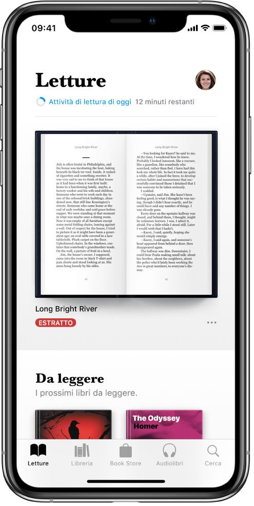 La schermata Letture nell’app Libri. Nella parte inferiore dello schermo, da sinistra a destra, sono presenti le sezioni Letture, Libreria, Book Store, Audiolibri e Cerca.