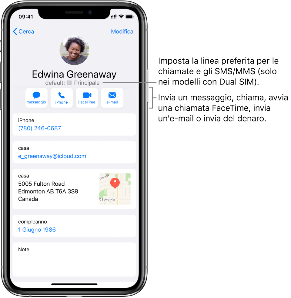 La schermata info di un contatto. In alto sono presenti la foto e il nome del contatto. Sotto il nome sono presenti i pulsanti per inviare un messaggio o un’e-mail, effettuare una chiamata telefonica o FaceTime, inviare una somma di denaro con Apple Pay. Sotto i pulsanti sono presenti le informazioni di contatto.