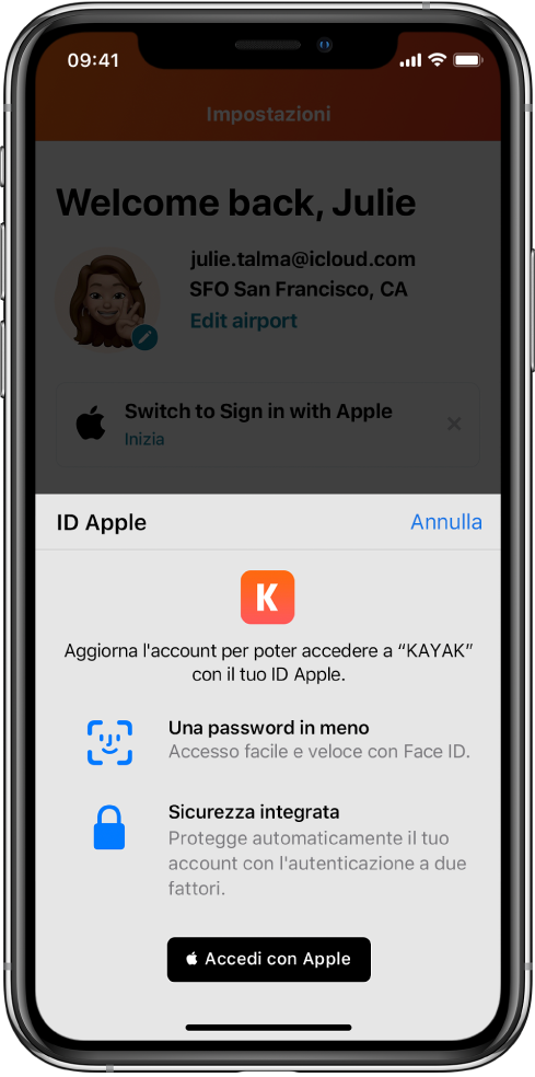 Un’app che mostra un pulsante “Accedi con Apple”.
