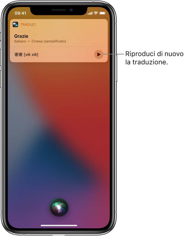 Siri mostra una traduzione della parola italiana “grazie” in cinese mandarino. Un pulsante sulla destra della traduzione permette di riprodurre nuovamente l'audio della traduzione.