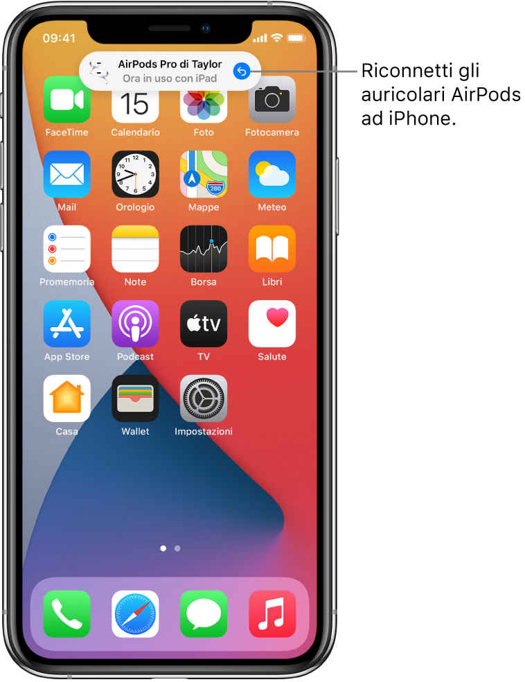 “Blocco schermo” con un messaggio che dice “Gli AirPods Pro di Tiziano sono in uso con iPad” e il pulsante per riportare la connessione degli auricolari AirPods su iPhone.