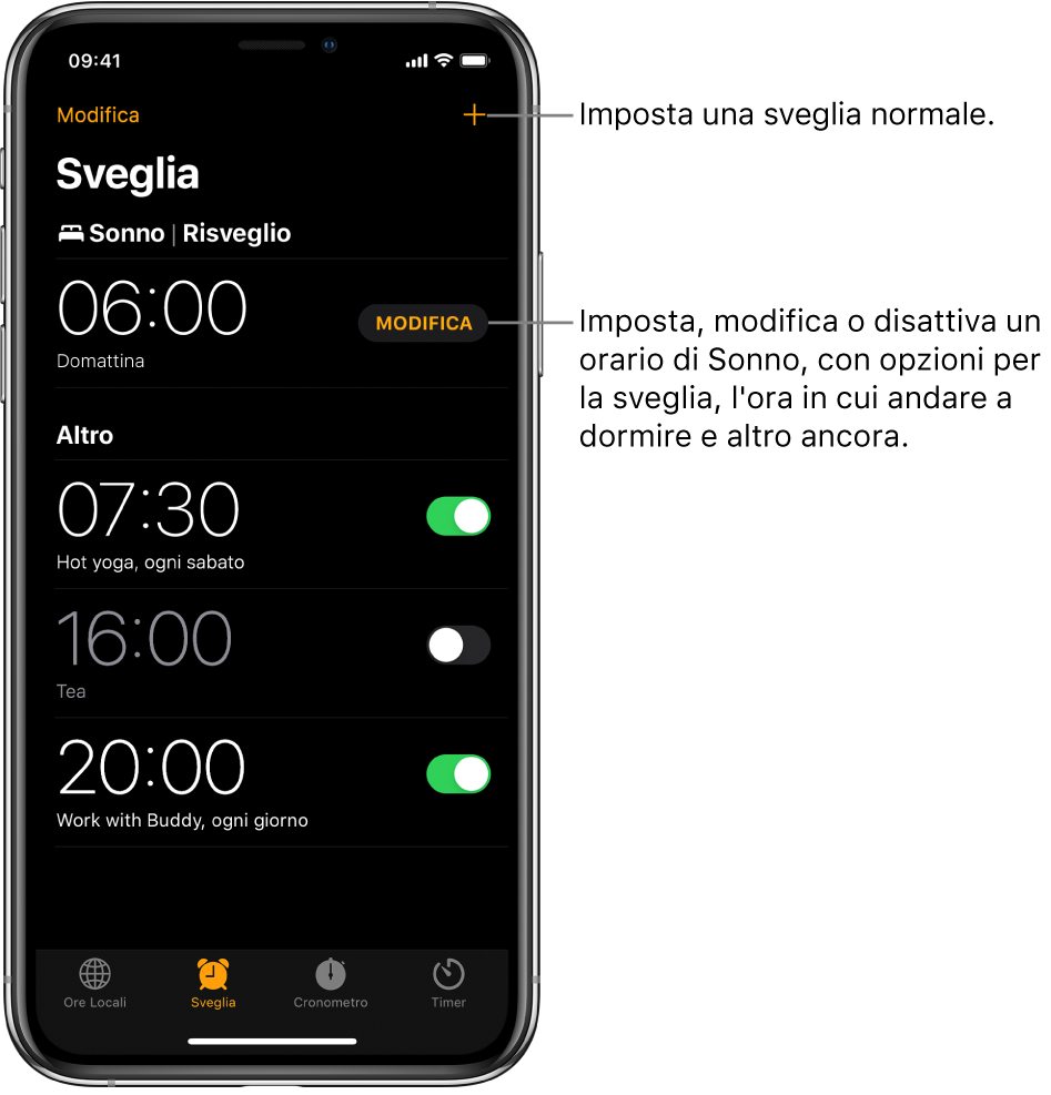 Il pannello Sveglia che mostra quattro sveglie per vari orari, il pulsante per impostare una sveglia normale in alto a destra e la sezione Sveglia con un pulsante per modificare gli orari programmati per il sonno nell'app Salute.