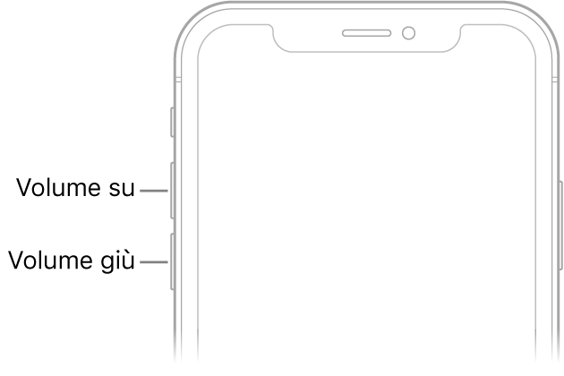 La parte superiore del lato anteriore di iPhone, con i tasti volume in alto, sul lato sinistro.