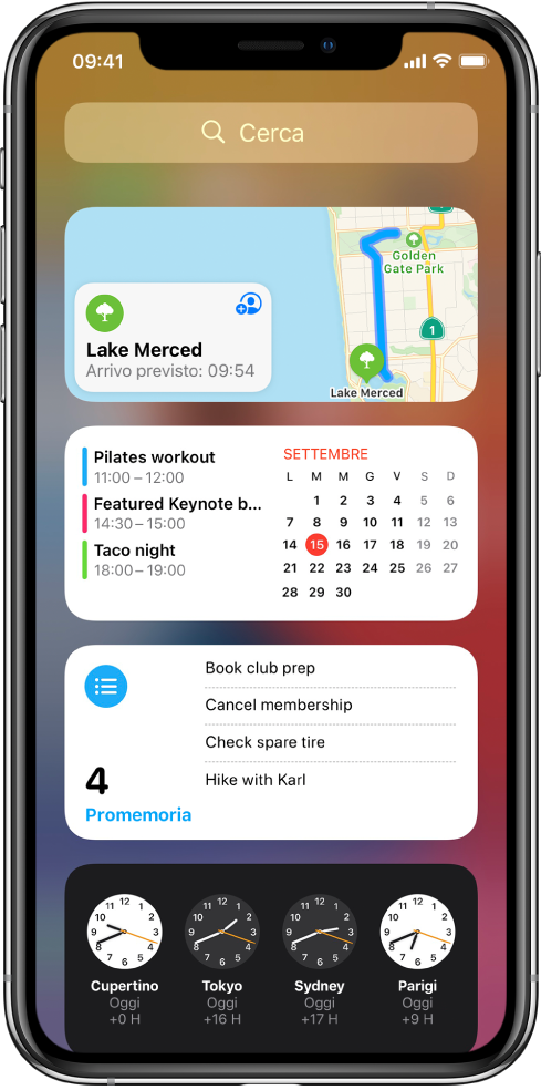 Widget della vista Oggi su iPhone, tra cui Mappe, Calendario, Promemoria e Orologio.