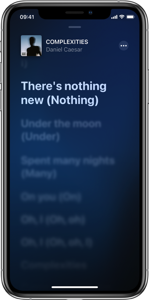 La schermata dei testi mostra il titolo della canzone, il nome dell'artista e il pulsante Altro in alto. Il testo attuale viene evidenziato e quello successivo è oscurato.
