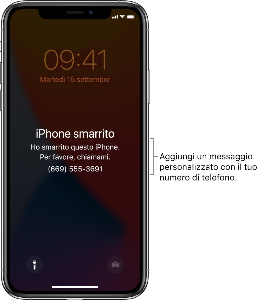 La schermata di blocco di un iPhone con il messaggio: “iPhone smarrito. Questo iPhone è stato smarrito. Chiamami. (669).” Puoi aggiungere un messaggio personalizzato insieme al numero di telefono.