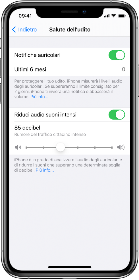 La schermata di “Salute dell'udito” che mostra il pulsante per attivare o disattivare le notifiche per le cuffie, il numero di notifiche inviate negli ultimi 6 mesi, il pulsante per attivare o disattivare l'impostazione “Riduci audio suoni intensi”, un cursore per modificare il livello massimo dei decibel e il limite di decibel selezionato di 85 decibel.