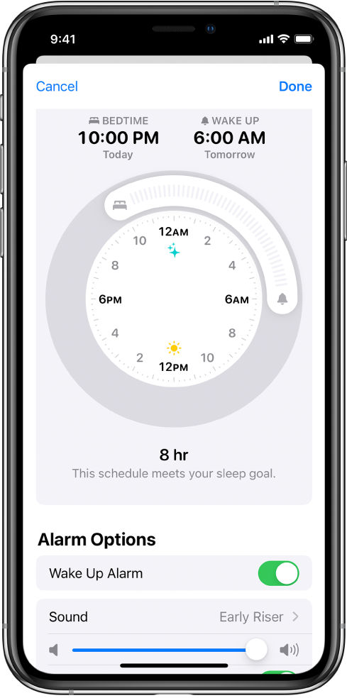 Health қолданбасындағы Sleep бөлімі үшін орнату экраны. Экранның ортасында сағат бар; Bedtime уақыты 10:00 p.m. мәніне орнатылған, ал ояну уақыты 6:00 a.m. мәніне орнатылған. Alarm Options астында Wake Up Alarm параметрі қосылған, дыбыс — Early Riser және дыбыс деңгейі жоғары деңгейге орнатылған.