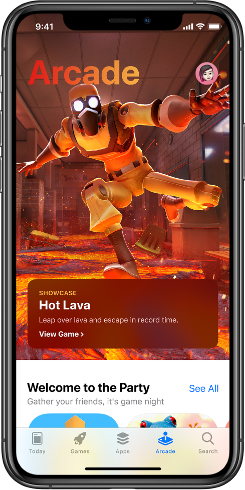 Дайын ойынды көрсетіп тұрған App Store қызметіндегі Arcade экраны. Сатып алуларды қарау және жазылымдарды басқару үшін түртетін профайл суретіңіз жоғарғы оң жақта. Төменде солдан оңға қарай — Today, Games, Apps, Arcade және Search қойындылары.