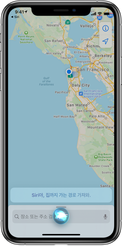 화면 하단에 “집까지 경로를 가져오고 있습니다”라는 Siri 응답을 보여주는 지도.