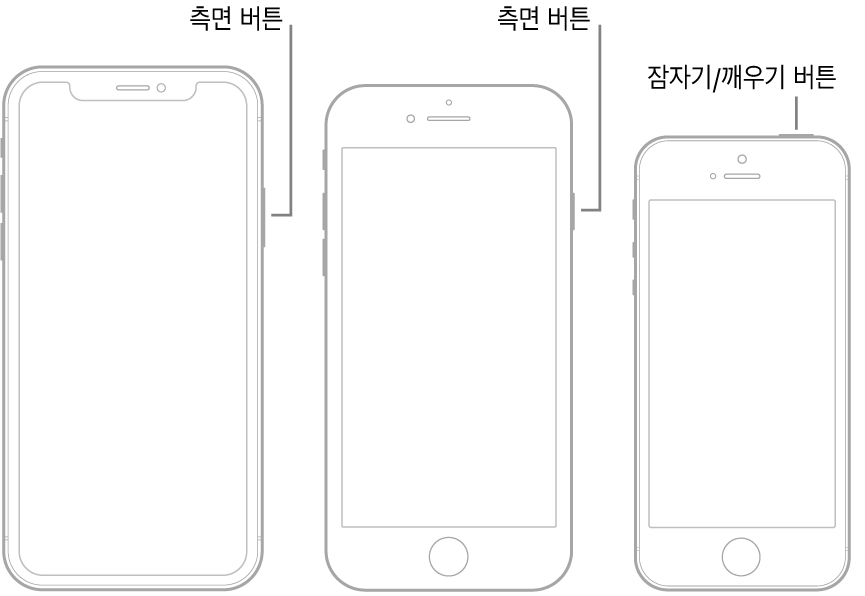 3개의 다른 iPhone 모델의 측면 또는 잠자기/깨우기 버튼.