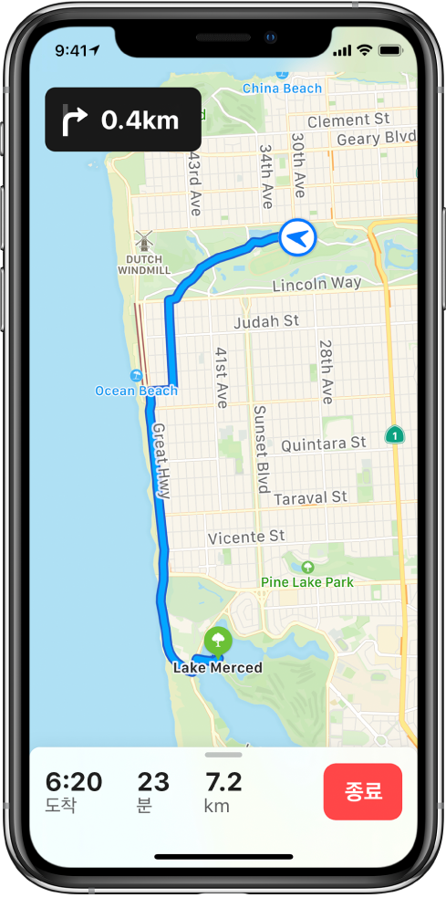 샌프란시스코에 있는 두 공원 사이의 자전거 경로를 보여주는 지도 개요.
