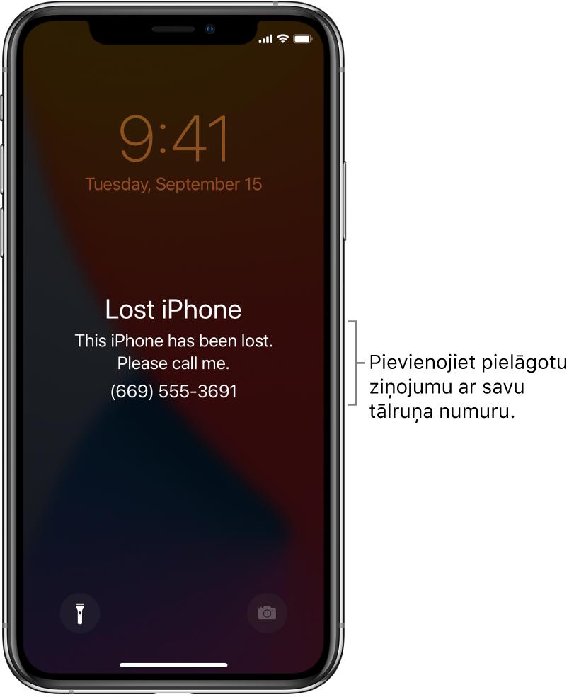 Bloķēts iPhone tālruņa ekrāns ar ziņojumu: “Lost iPhone. This iPhone has been lost. Please call me. (669) 555-3691.” Varat pievienot pielāgotu ziņojumu ar savu tālruņa numuru.