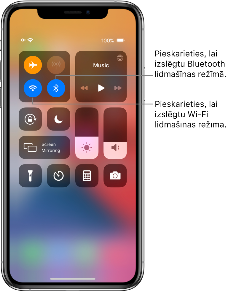 Izvēlne Control Center ar ieslēgtu lidmašīnas režīmu un remarkām, kas paskaidro, ka pieskāršanās apakšējai pogai pa kreisi, kura atrodas augšējā grupā pa kreisi, izslēgs Wi-Fi savienojumu, bet pieskāršanās apakšējai pogai pa labi tajā pašā grupā izslēgs Bluetooth savienojumu.