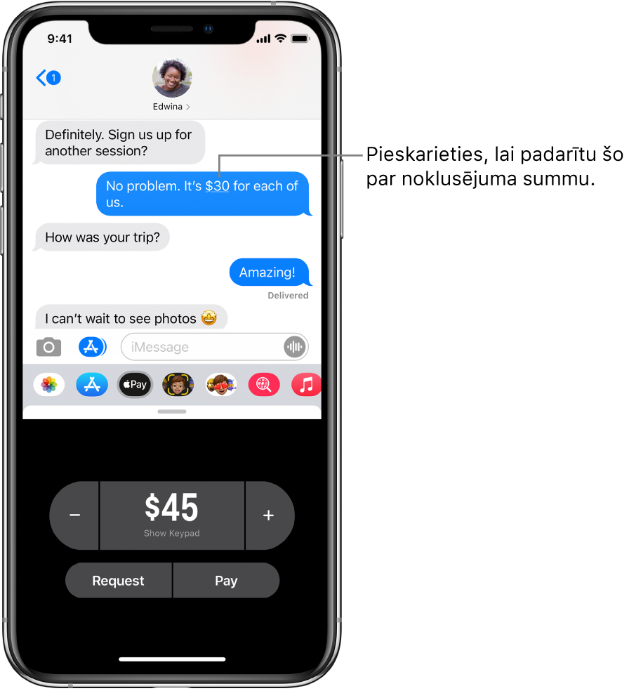 iMessages sarakste un apakšdaļā atvērta lietotne Apple Pay.