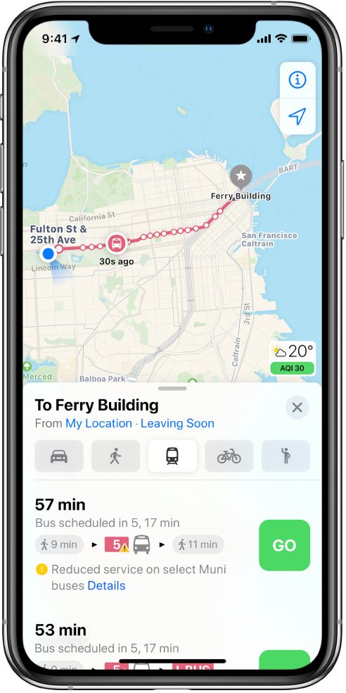 Karte, kurā parādīts sabiedriskā transporta maršruts cauri Sanfrancisko. Maršruta kartīte ekrāna apakšdaļā ietver pogu Go.