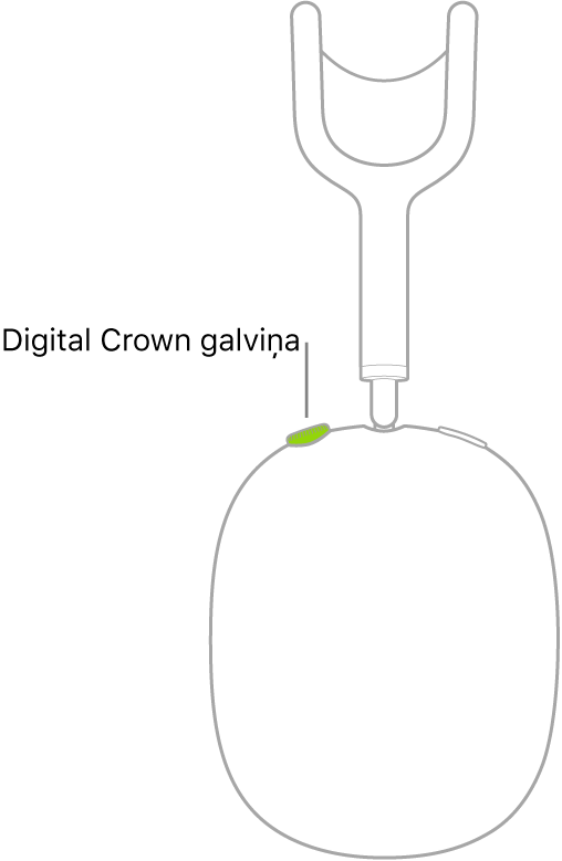 Attēlā redzama Digital Crown galviņas atrašanās vieta uz labās AirPods Max austiņas.