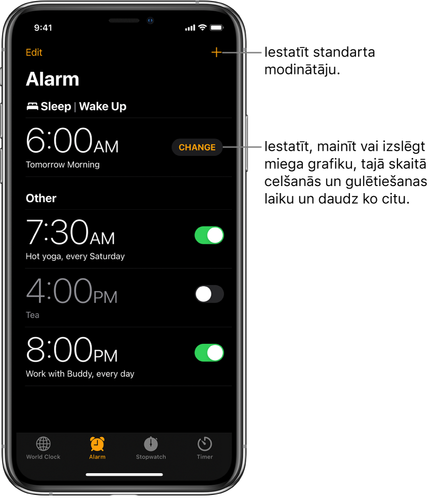 Cilnē Alarm redzami četri dažādos laikos iestatīti modinātāja signāli augšējā labajā stūrī un Wake Up modinātājs ar pogu miega grafika mainīšanai lietotnē Health.