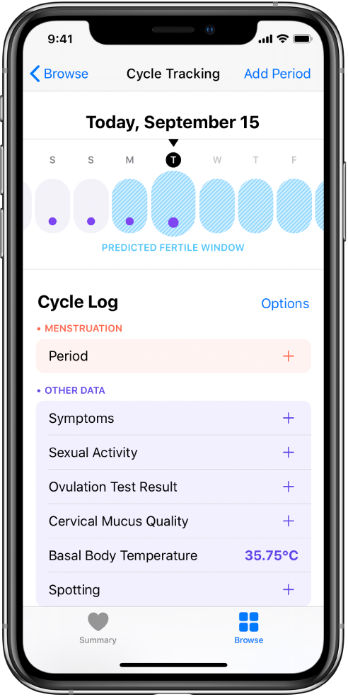 Ekrāns Cycle Tracking, kura augšdaļā ir redzama nedēļas laika josla. Purpurkrāsas punkti atzīmē pirmās četras dienas laika joslā; pēdējās piecas dienas ir gaiši zilas. Zem laika joslas ir opcijas, kas ļauj pievienot informāciju par menstruācijām un simptomiem u.c. datus.
