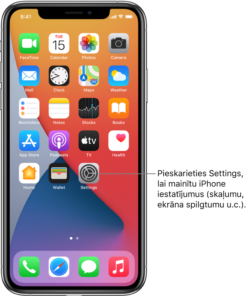 Sākuma ekrāns ar vairākām lietotņu ikonām, tostarp lietotnes Settings ikonu, kurai varat pieskarties, lai mainītu iPhone skaņas skaļumu, ekrāna spilgtumu u.c. iestatījumus.
