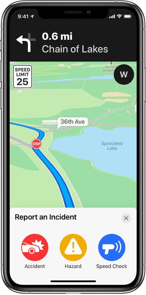 Karte ar kartīti Report an Incident ekrāna apakšā. Maršruta kartītē ir pogas Accident, Hazard un Speed Check.