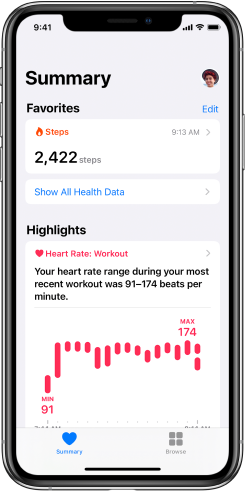 Ekrāns Summary, kurā katgorija Steps ir pievienota izlasei Favorites. Ekrāna sadaļā Highlights redzama informācija par sirds ritmu pēdējā treniņa laikā.