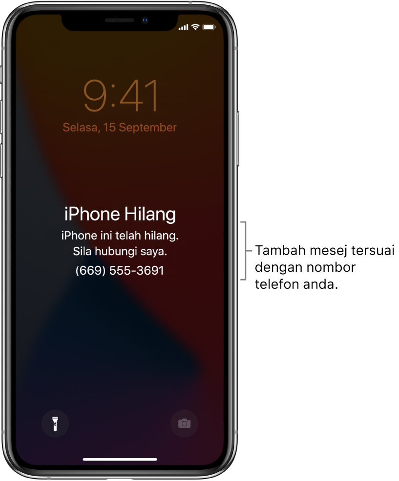 Skrin Kunci iPhone dengan mesej: “iPhone hilang. iPhone ini telah hilang. Sila panggil saya. (669) 555-3691.” Anda boleh menambah mesej tersuai dengan nombor telefon anda.