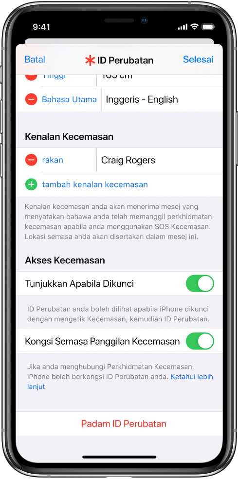 Skrin ID Perubatan. Di bahagian bawah ialah pilihan untuk menunjukkan maklumat ID Perubatan anda apabila skrin iPhone dikunci dan semasa anda membuat panggilan kecemasan.