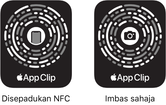 Di bahagian kiri, Kod Klip App diintegrasi NFC dengan ikon iPhone di tengah. Di bahagian kanan, Kod Klip App imbasan sahaja dengan ikon kamera di tengah.