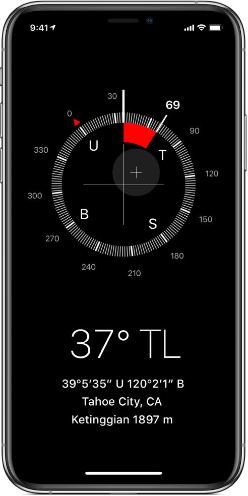 Skrin Kompas menunjukkan arah yang ditunjukkan oleh iPhone, lokasi semasa anda dan ketinggian.