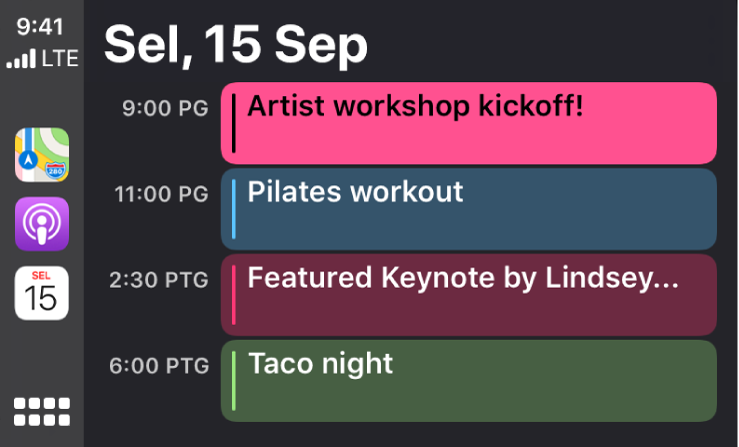 Skrin kalendar dalam CarPlay menunjukkan 4 peristiwa untuk Selasa, 15 September.