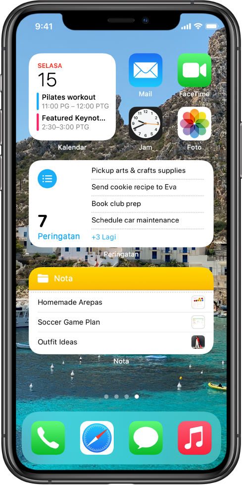 Skrin Utama, menunjukkan app dan widget produktiviti, termasuk Kalendar, Peringatan dan Nota.