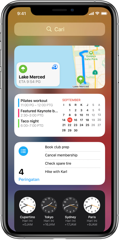 Widget Peta dan tiga widget lain pada skrin iPhone.