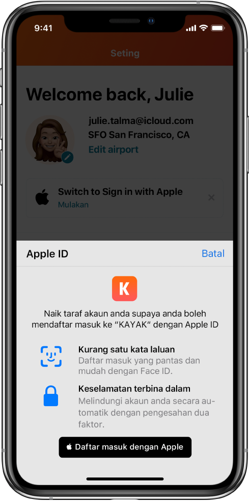 App yang memaparkan Daftar masuk dengan butang Apple.