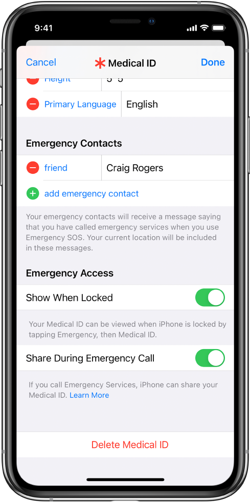 Medical ID ဖန်သားပြင်။ အောက်ခြေတွင် iPhone သော့ပိတ်ထားသည့်အချိန်နှင့် သင်အရေးပေါ်ဖုန်းတစ်ခုခေါ်ဆိုသည့်အချိန်တွင် သင့် Medical ID သတင်းအချက်အလက်များကို ဖော်ပြမည့်နည်းလမ်းများဖြစ်ပါတယ်။