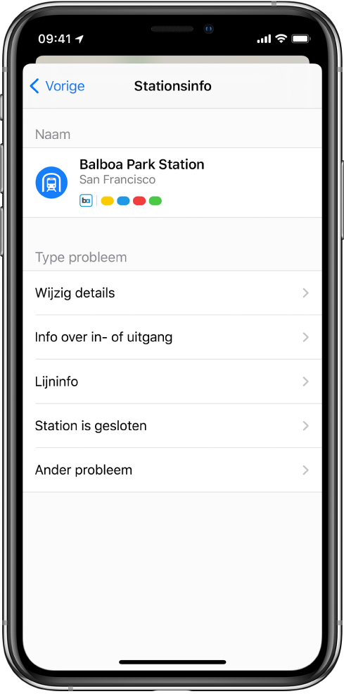 Een scherm voor het melden van onjuiste informatie voor een ov-station. Beschikbare opties zijn 'Wijzig details', 'Info over in- of uitgang', 'Lijninfo', 'Station is gesloten' en 'Ander probleem'.
