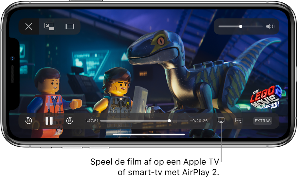 Een film die wordt afgespeeld op het iPhone-scherm. Onder in het scherm zie je de afspeelregelaars, met rechtsonderin de knop voor synchrone weergave.