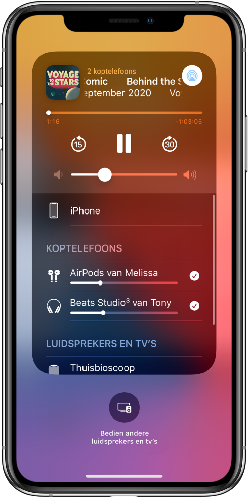 Het scherm van het bedieningspaneel waarop te zien is dat AirPods en een Beats-koptelefoon zijn verbonden.