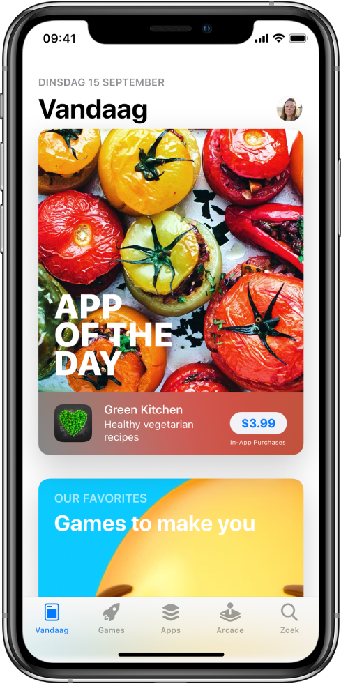 Het Vandaag-scherm in de App Store met een uitgelichte app. Rechtsbovenin staat je profielfoto. Hier tik je op om je aankopen te bekijken en je abonnementen te beheren. Onder in het scherm staan van links naar rechts de tabbladen 'Vandaag', 'Games', 'Apps', 'Arcade' en 'Zoek'.