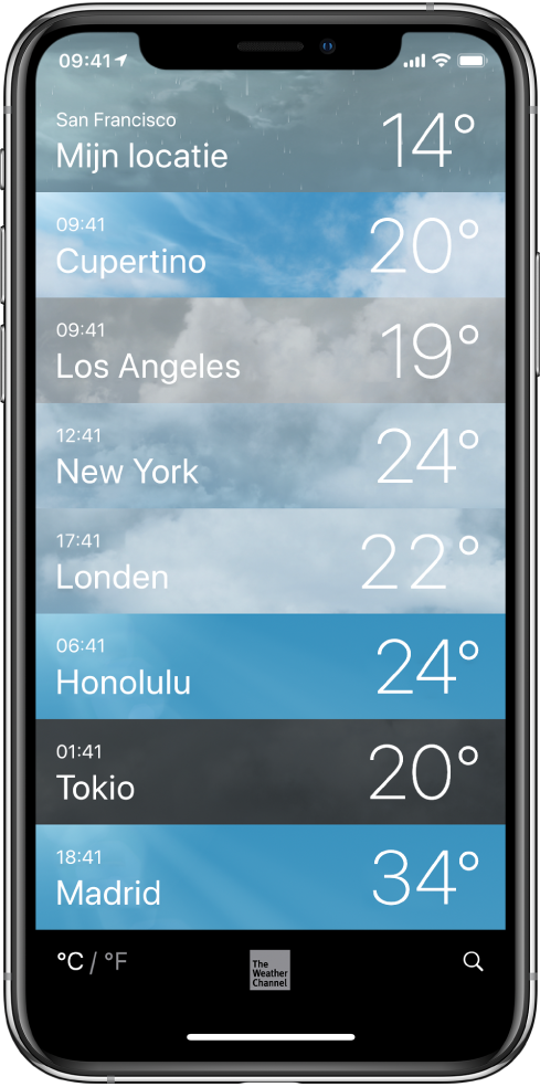Een lijst met steden, met voor elke stad de tijd en huidige temperatuur.
