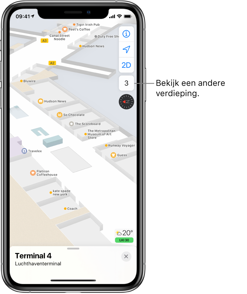 Een plattegrond van een luchthaventerminal. Op de kaart worden bedrijven en boarding gates aangegeven.