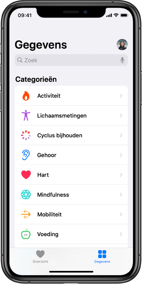 Het scherm 'Categorieën' in de Gezondheid-app.