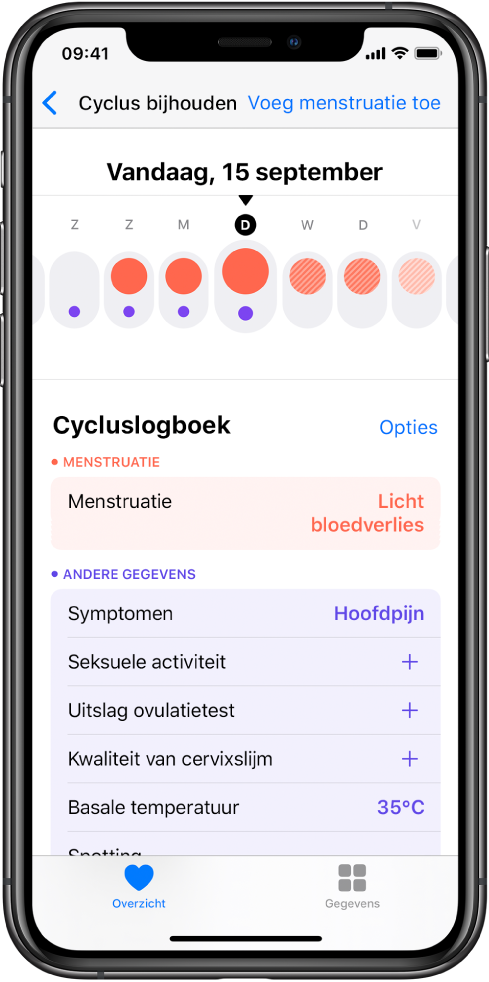 Het scherm 'Cyclus bijhouden' in de Gezondheid-app.